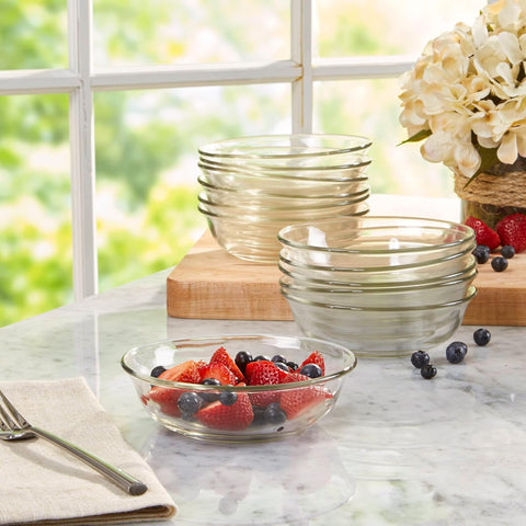 Le'raze 12-piece glass dinnerware stackable storage in compact cabinets.