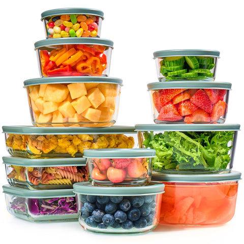 Le'raze 24pc glass storage set ready for organized fridge storage and clear contents visibility