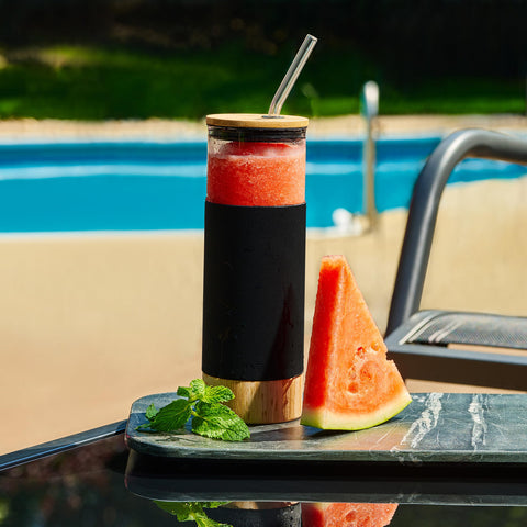 Le'raze modern clear glass with black sleeve for stylish travel.