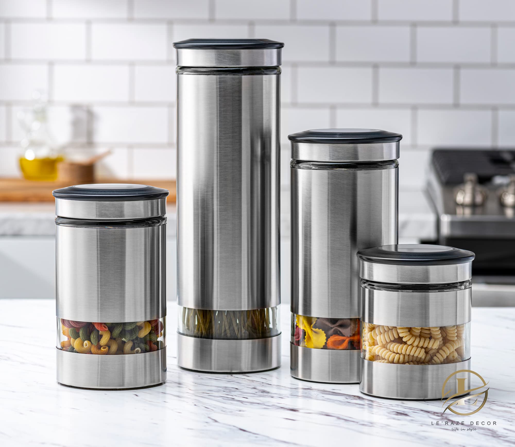 Le'raze canisters show contents through the glass window for easy identification.