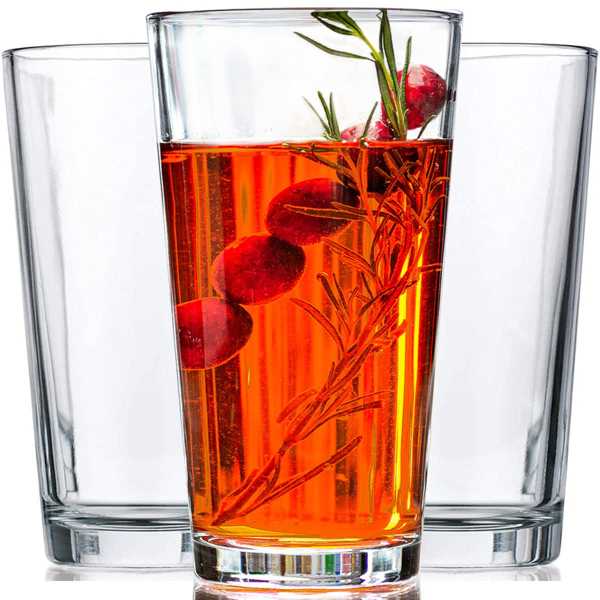 Le'raze 16oz drinking glasses set for cocktails, water, and iced tea.