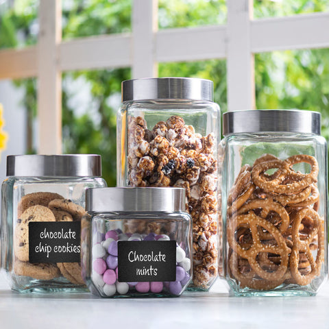 Le'raze four-square glass canisters with lids for fresh pantry storage.