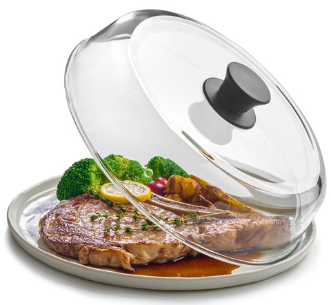 Le'raze glass splatter cover on a 10-inch plate prevents splatter during heating
