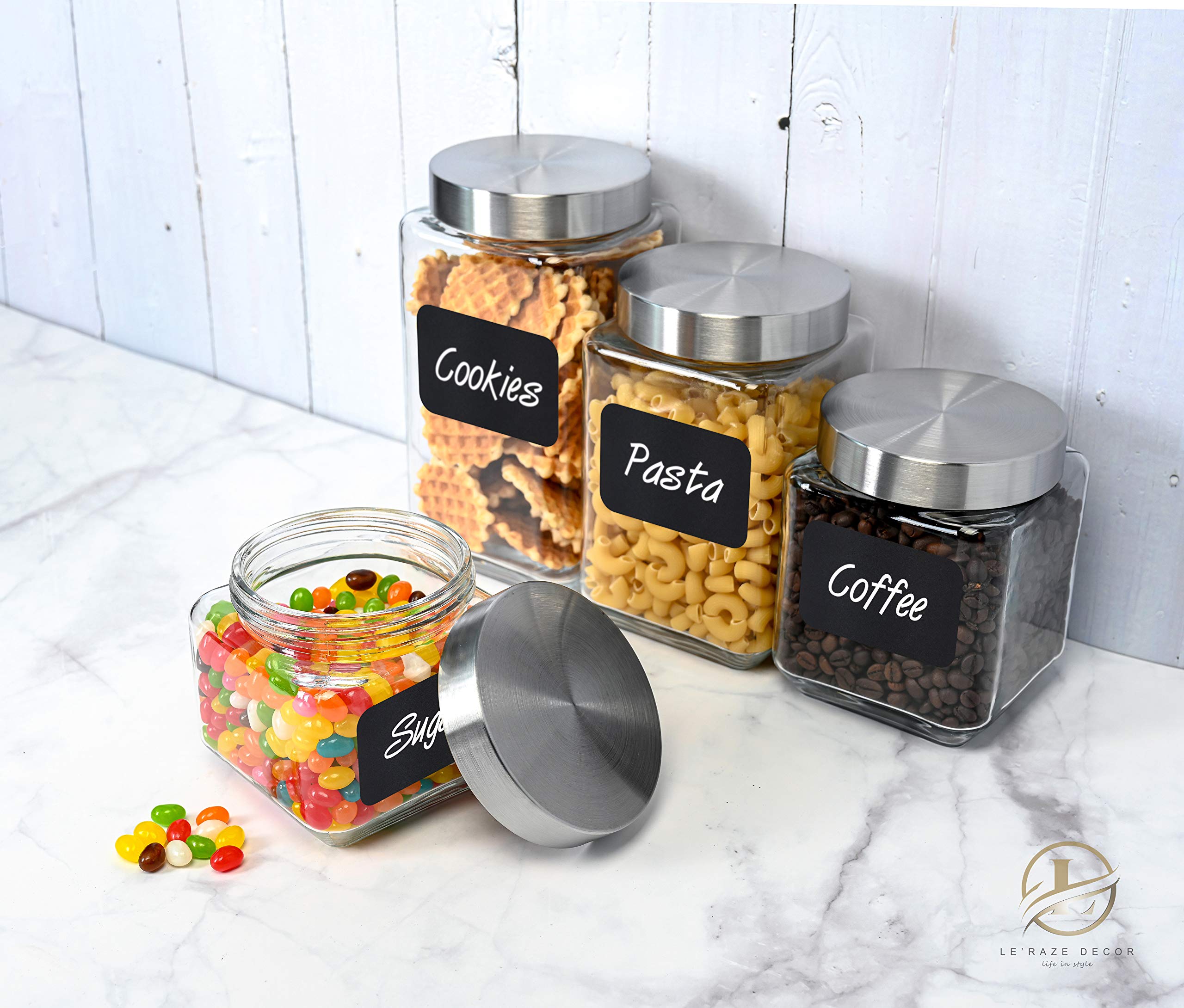 Le'raze labeled jars aid pantry organization.