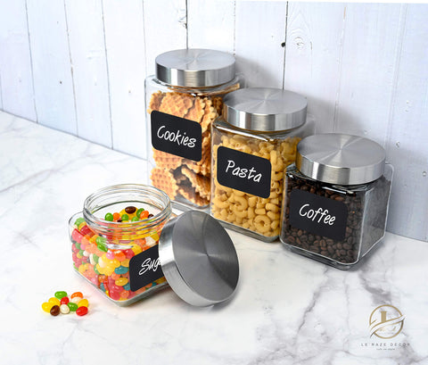 Le'raze labeled jars aid pantry organization.