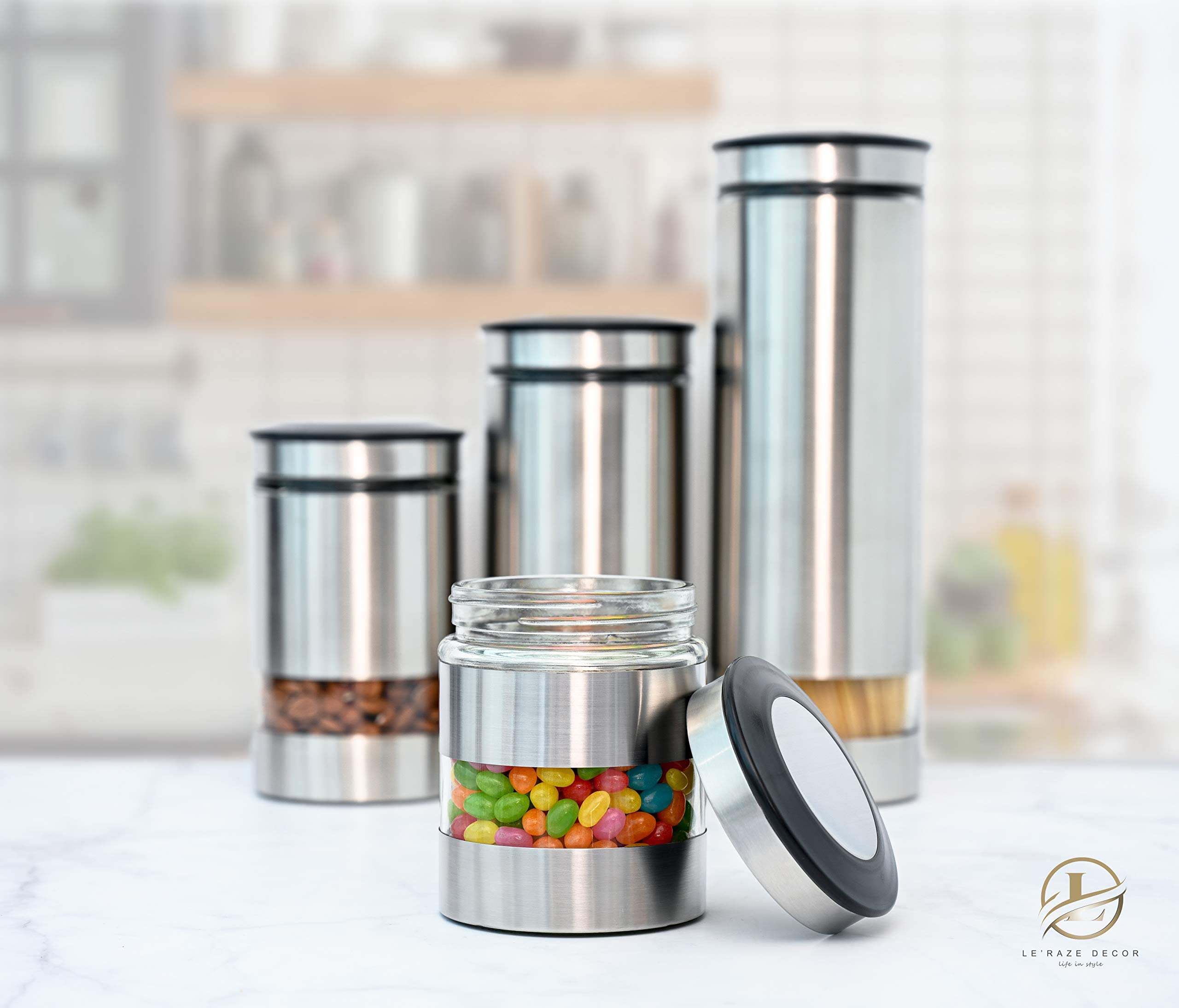 Le'raze pantry organization on the countertop keeps items accessible.