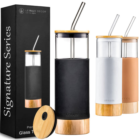 Le'raze 20oz glass tumbler with bamboo lid keeps drinks cool on the go.