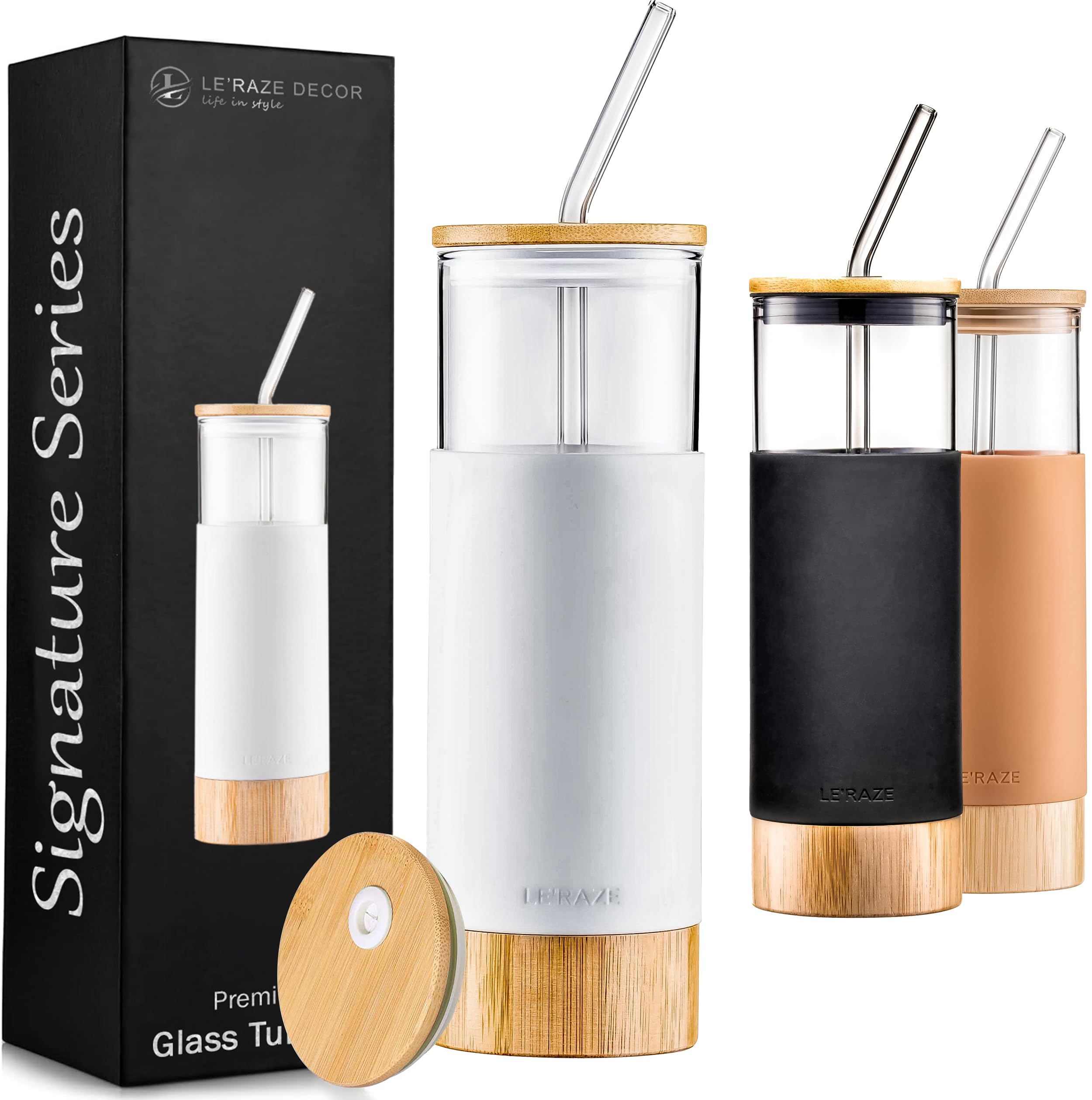 Le'raze premium 20oz glass tumbler with straw for versatile beverages