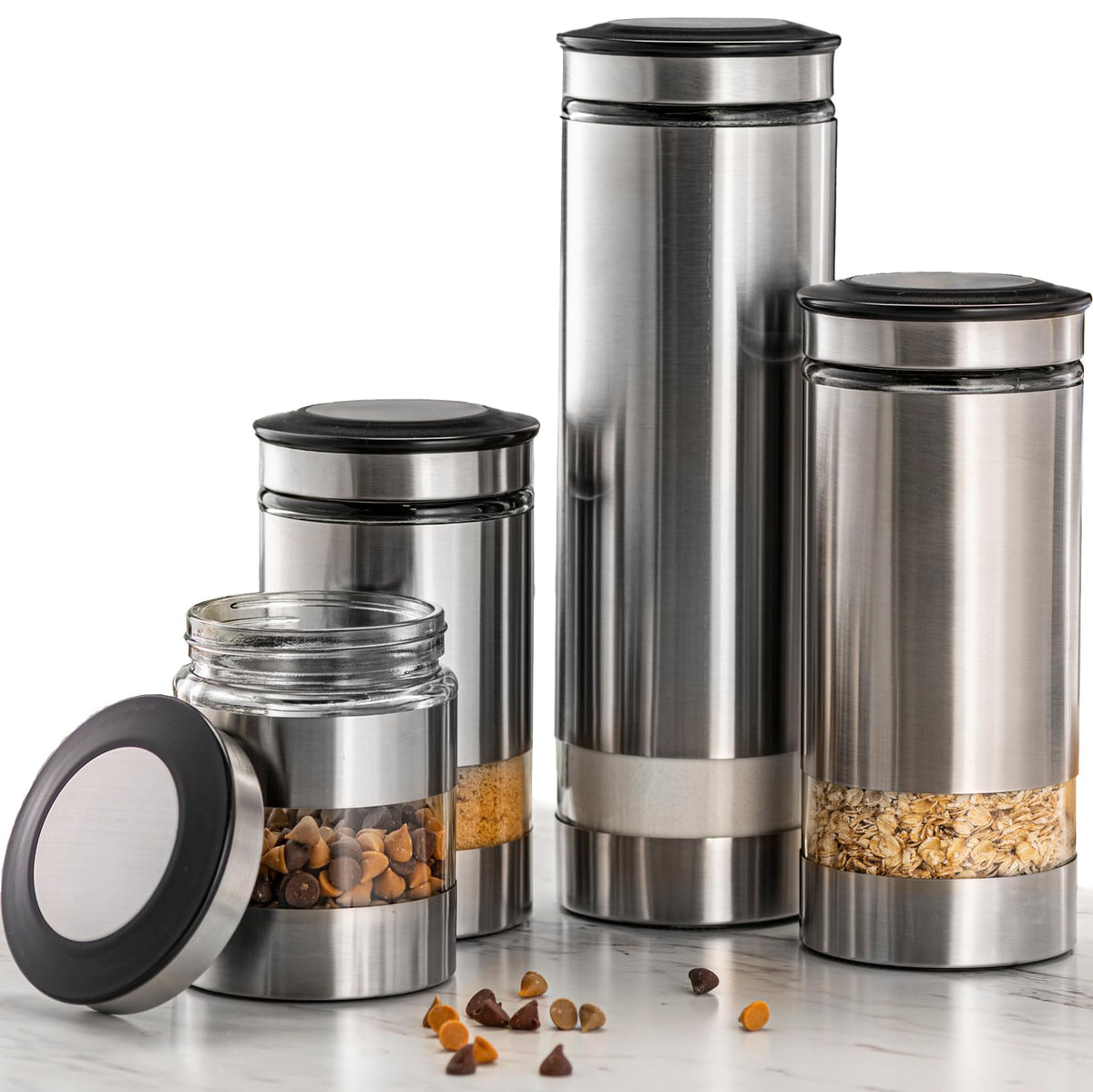 Le'raze stainless steel canister set with glass window on the counter for quick content checks.