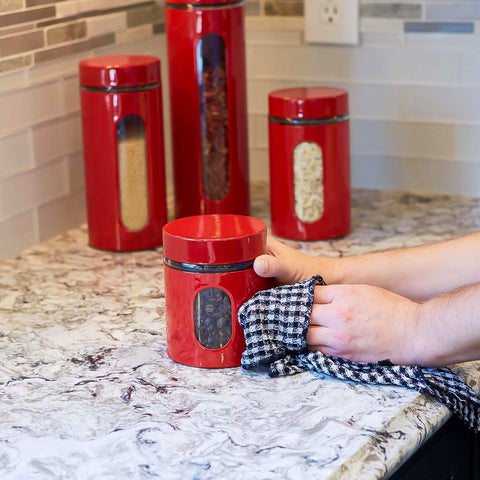 Le'raze red finish adds vibrant pantry accent on the counter