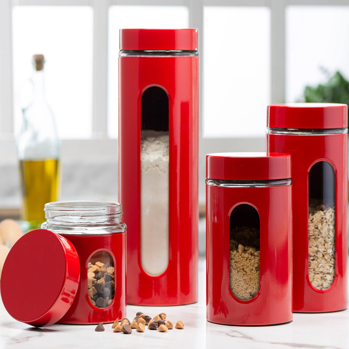 Le'raze red stainless steel canister set with glass window for quick content viewing