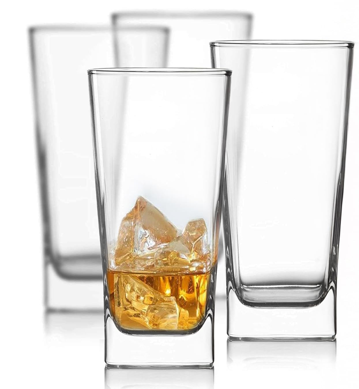 Le'raze square tall drinking glasses set shows clear, versatile glassware for cocktails and iced drinks