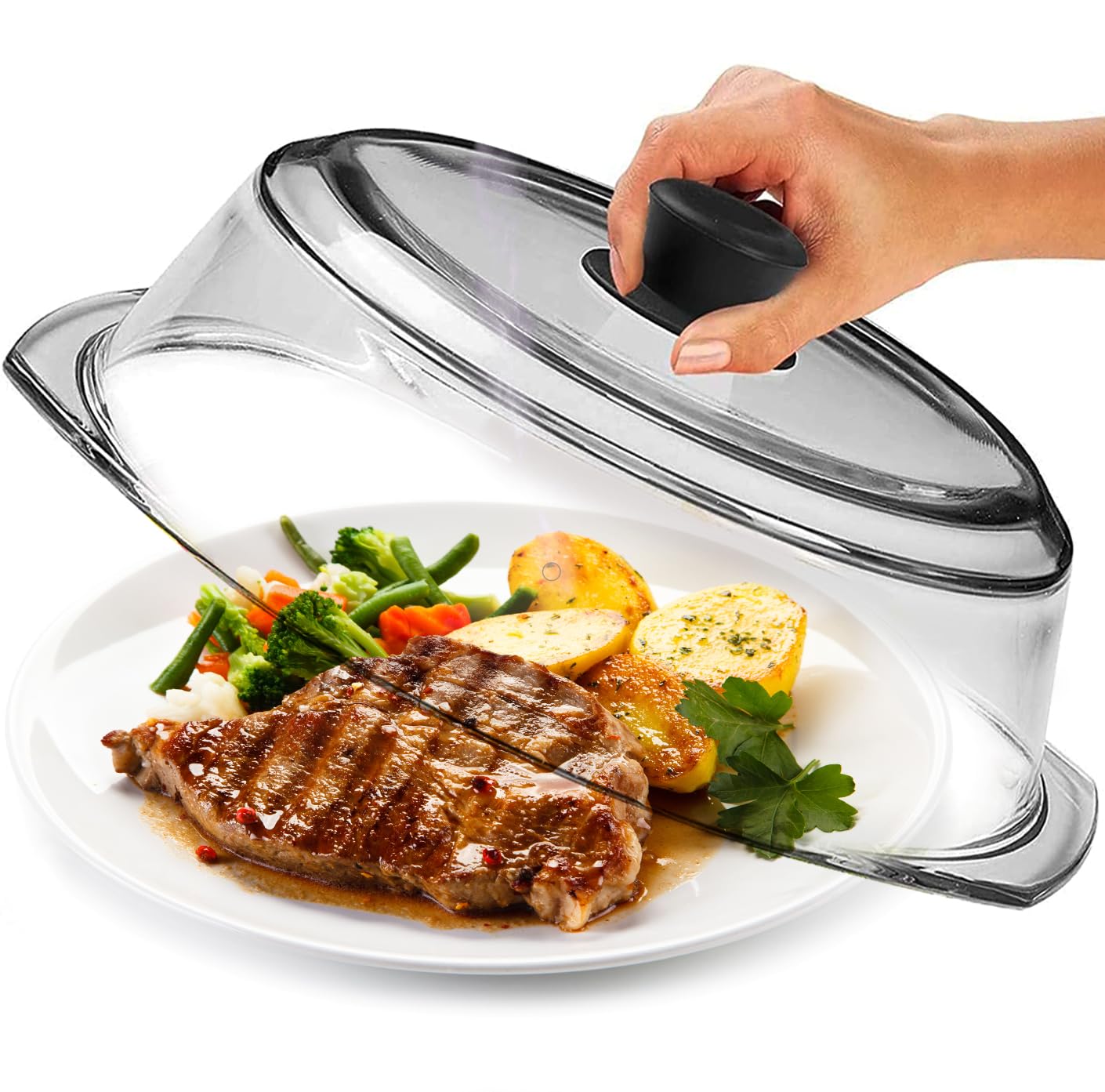 Le’raze tall glass lid lets you monitor reheating without mess.