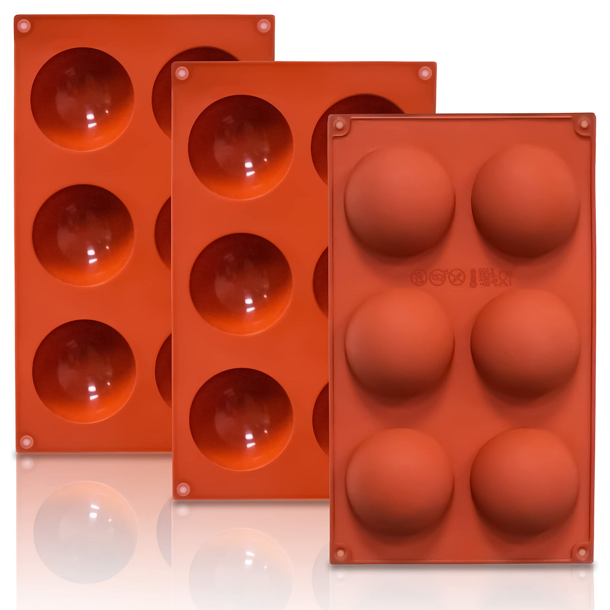 Lerykin 3-pack large 6-cavity semi-sphere silicone molds with easy-release for smooth desserts.