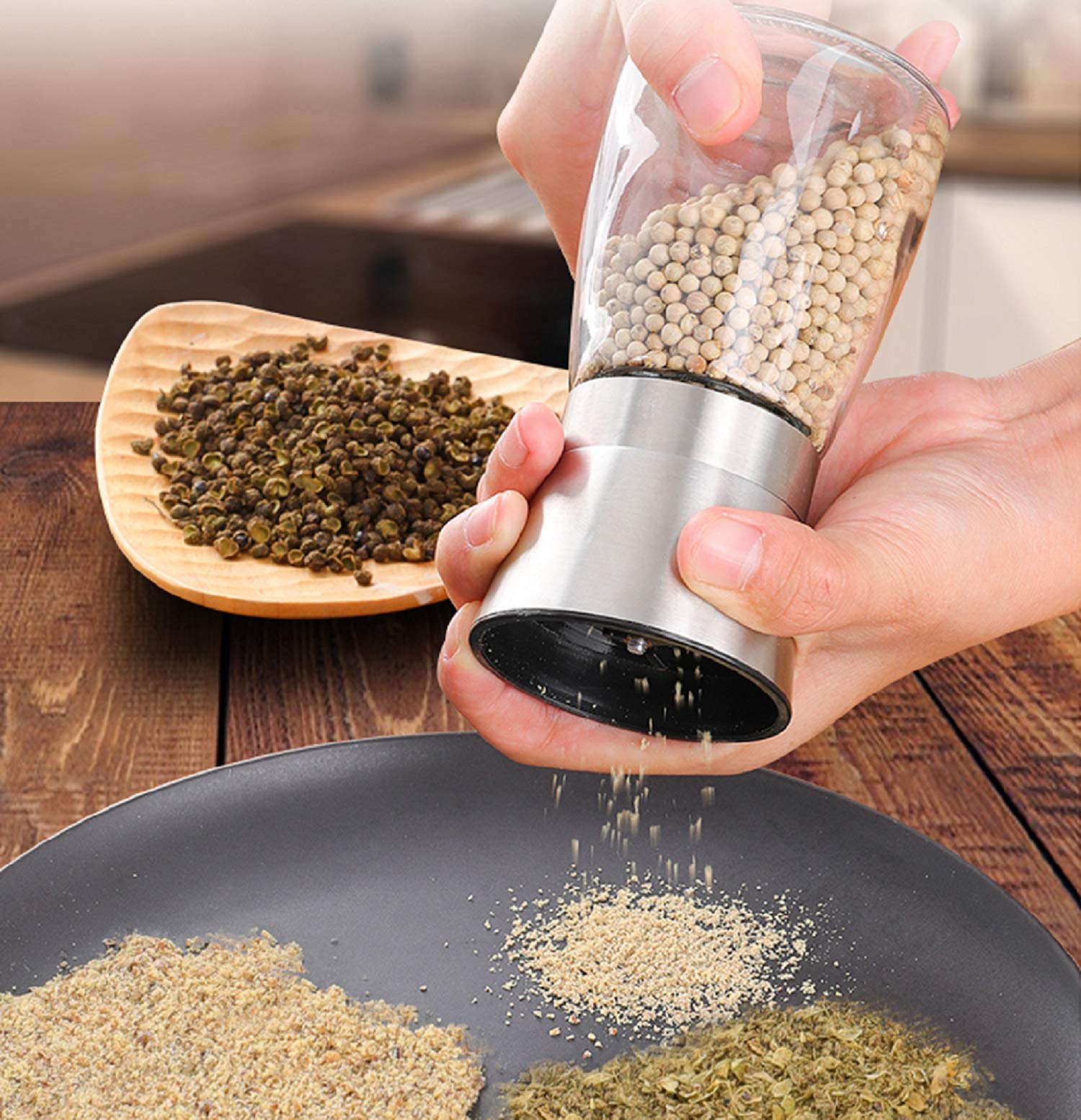 LessMo brushed stainless steel grinders offer durable, stylish seasoning access at hand.