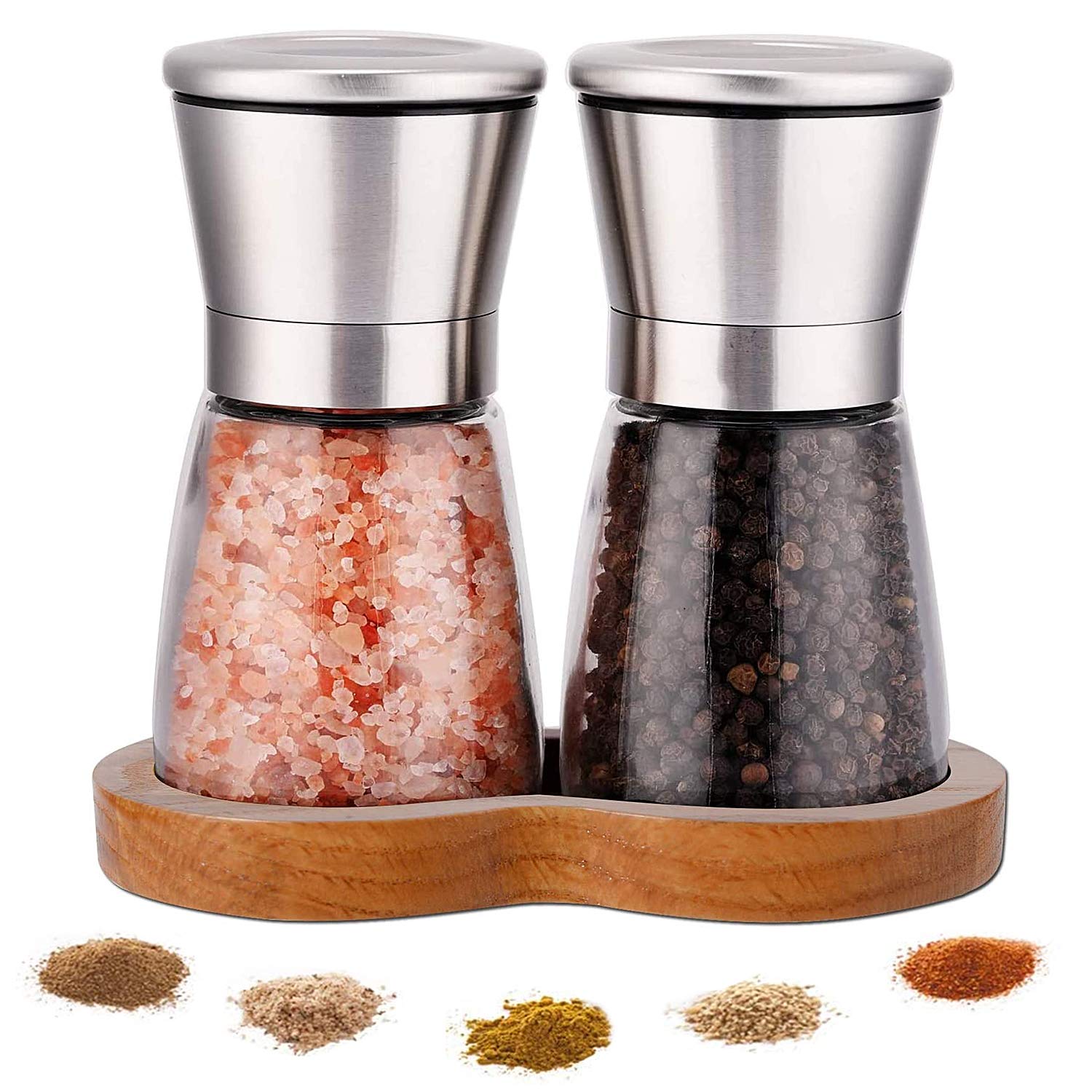 LessMo salt and pepper grinders with wooden stand for organized table seasoning.