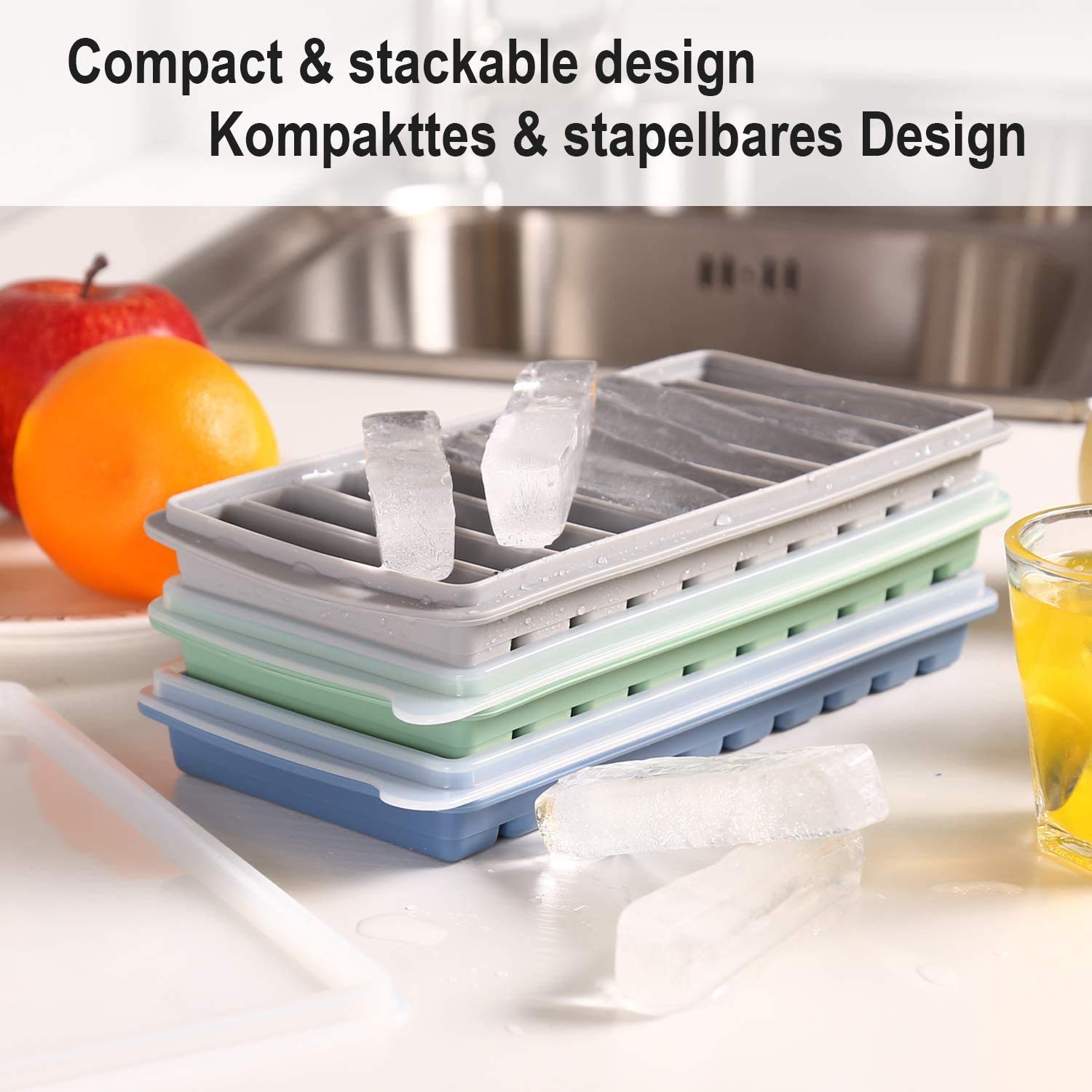 LessMo silicone ice tray with easy-release bottom for quick ice-stick removal.