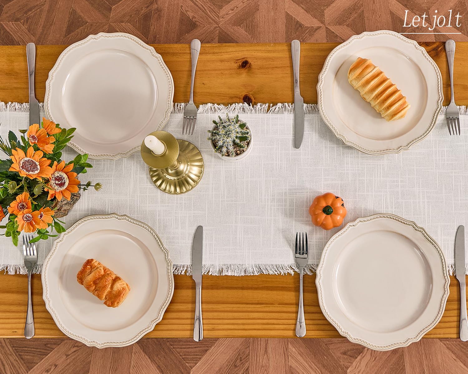 Letjolt white table runner close-up shows slub texture and refined edges for rustic charm.
