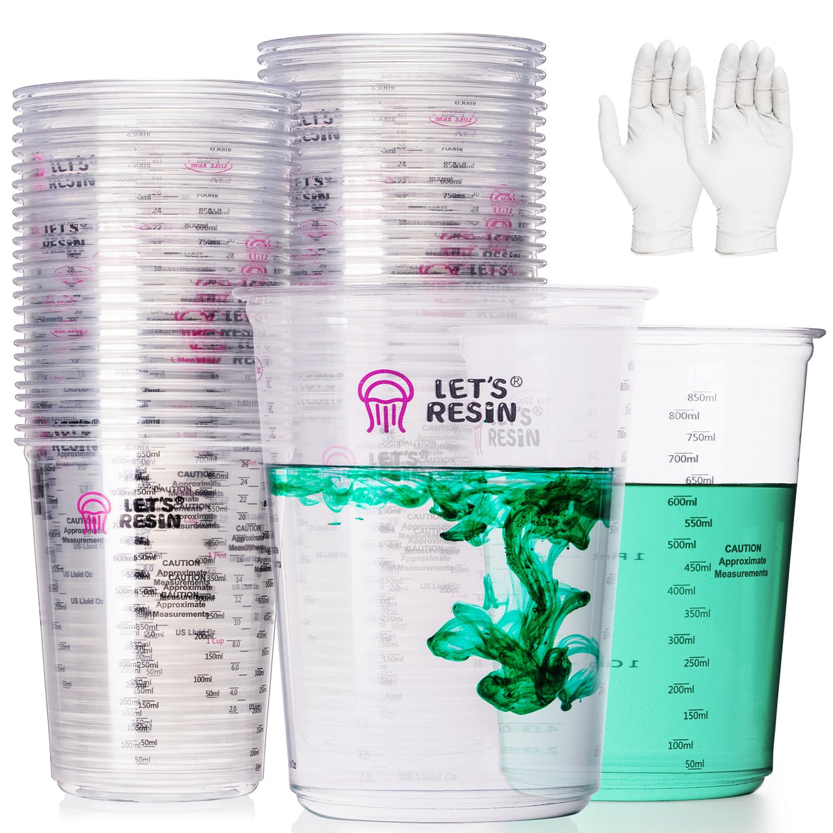 LET'S RESIN 32oz mixing cups with clear interior for precise resin measurements.