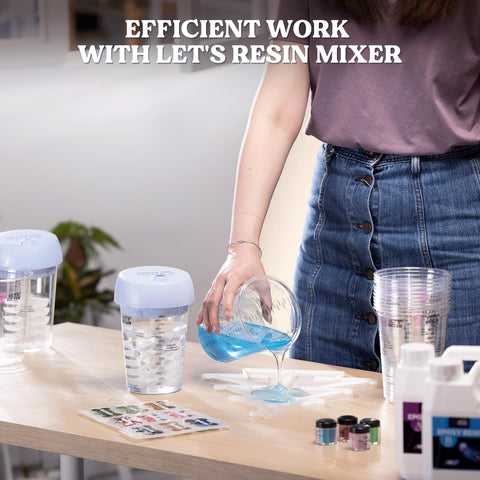 LET'S RESIN dual-scale cups show both ounces and milliliters for accuracy.
