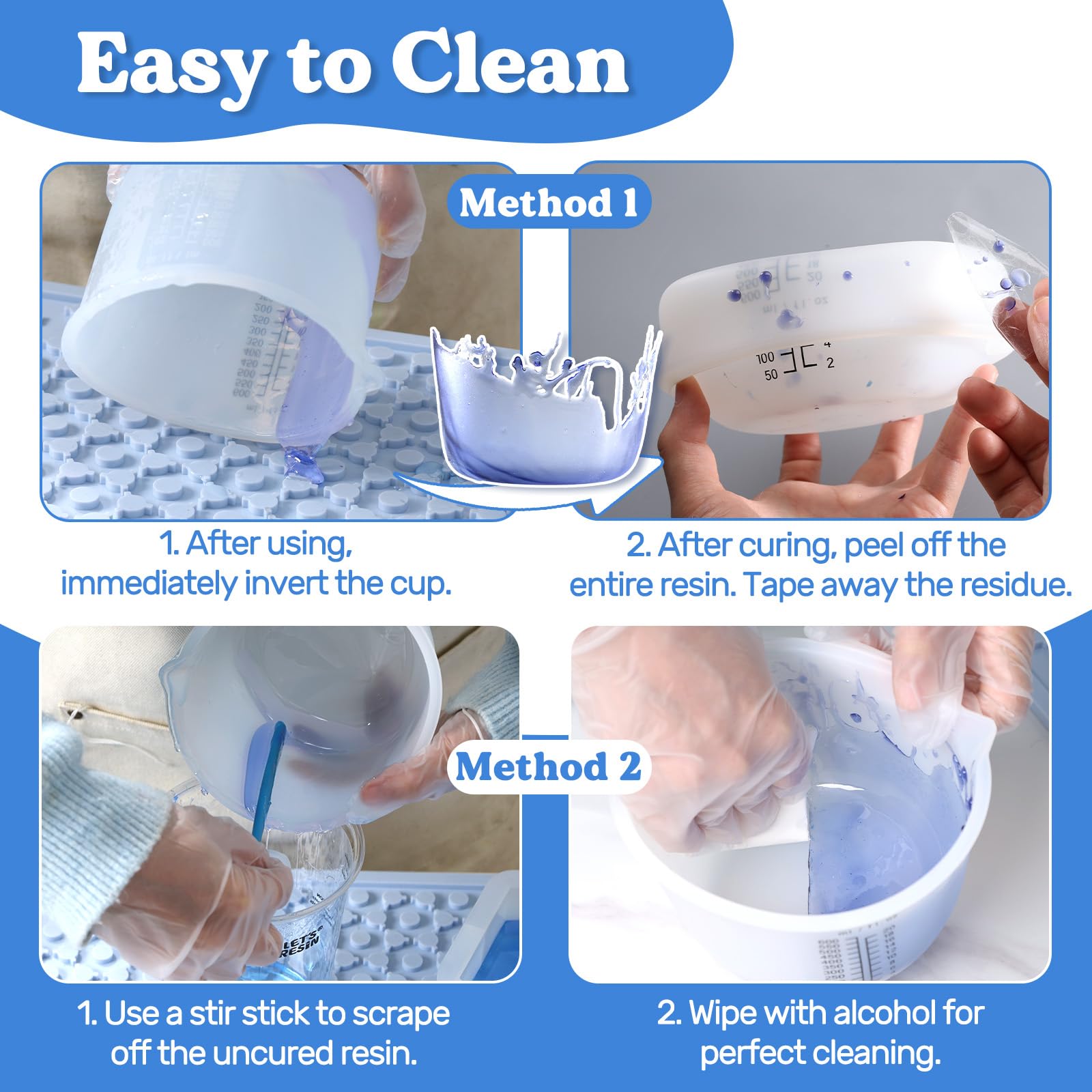 LETS RESIN silicone resin mixing cups with non-stick surface for easy cleaning.
