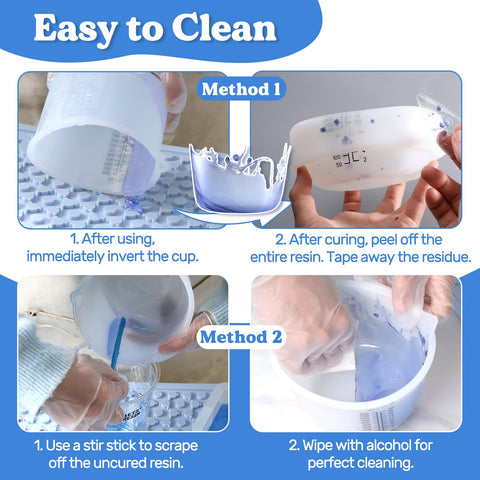 LETS RESIN silicone resin mixing cups with non-stick surface for easy cleaning.