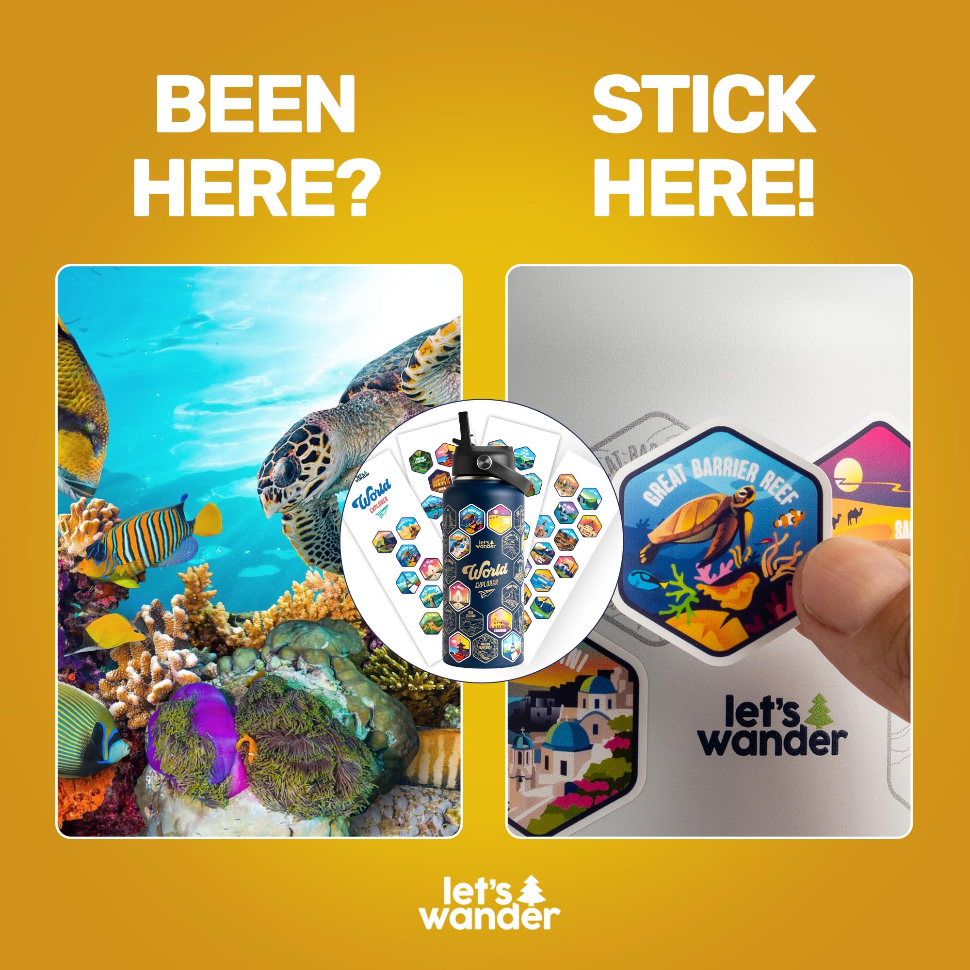 LET'S WANDER 50 destination stickers accompany the bottle.