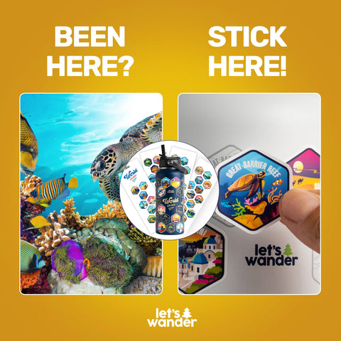LET'S WANDER 50 destination stickers accompany the bottle.