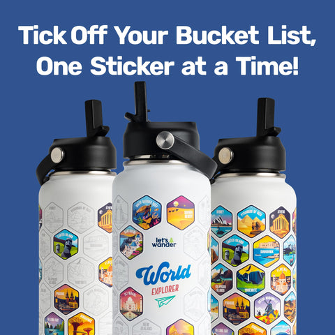 LET'S WANDER 50-sticker pack for travel personalization.