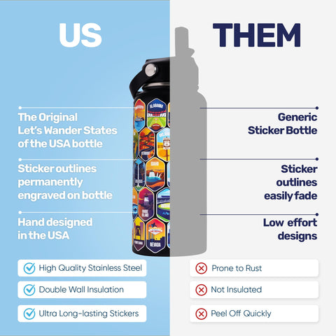 LET'S WANDER bottle with sticker map display highlights personalized travel milestones.