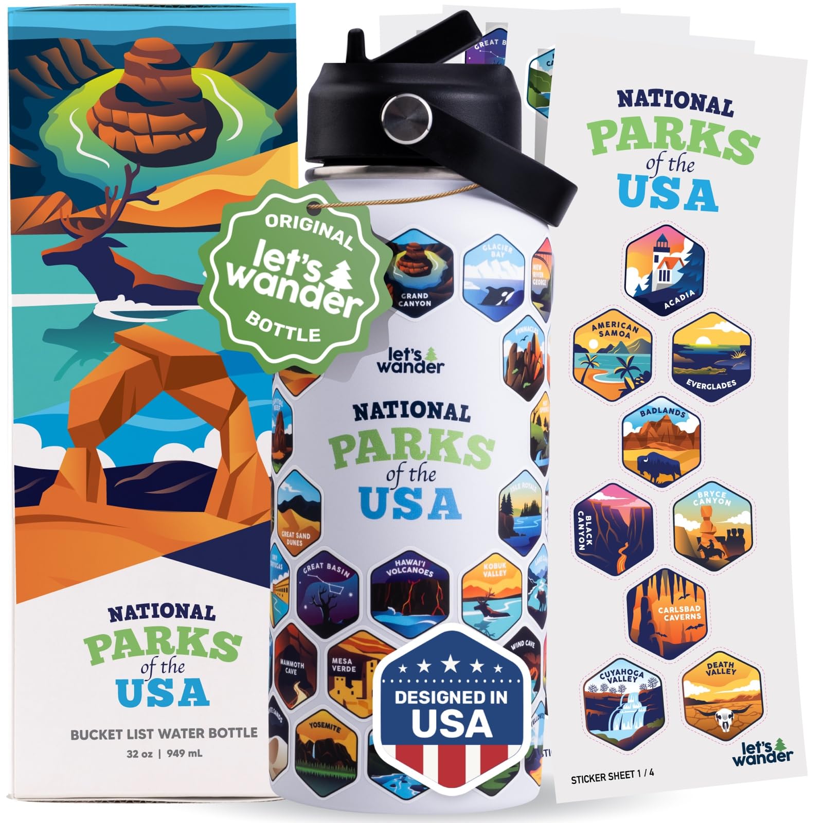 LET'S WANDER 32oz National Parks bottle shown in full view for all-day hydration.