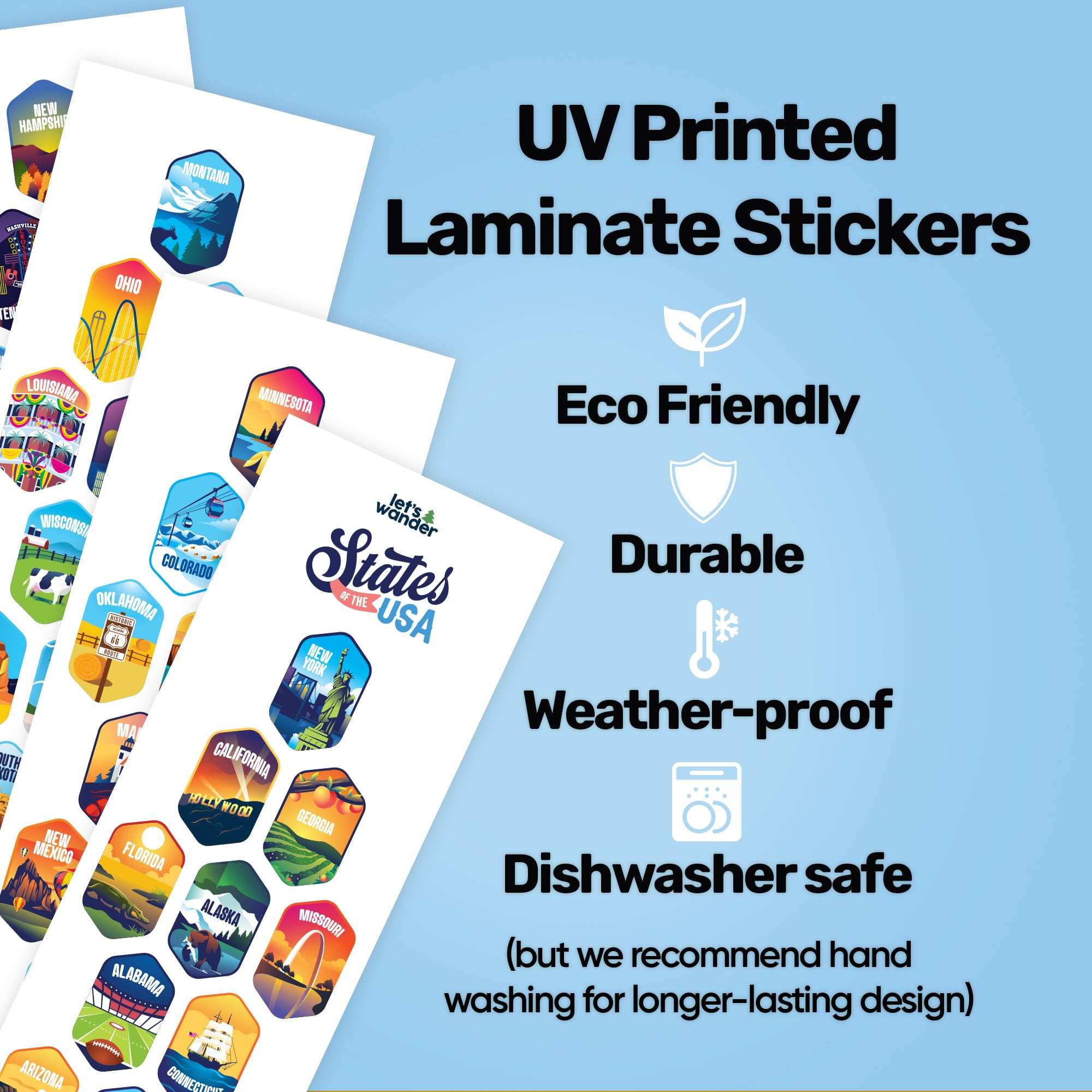 LET'S WANDER permanent engraving of all 50 states emphasizes long-lasting travel-ready design.