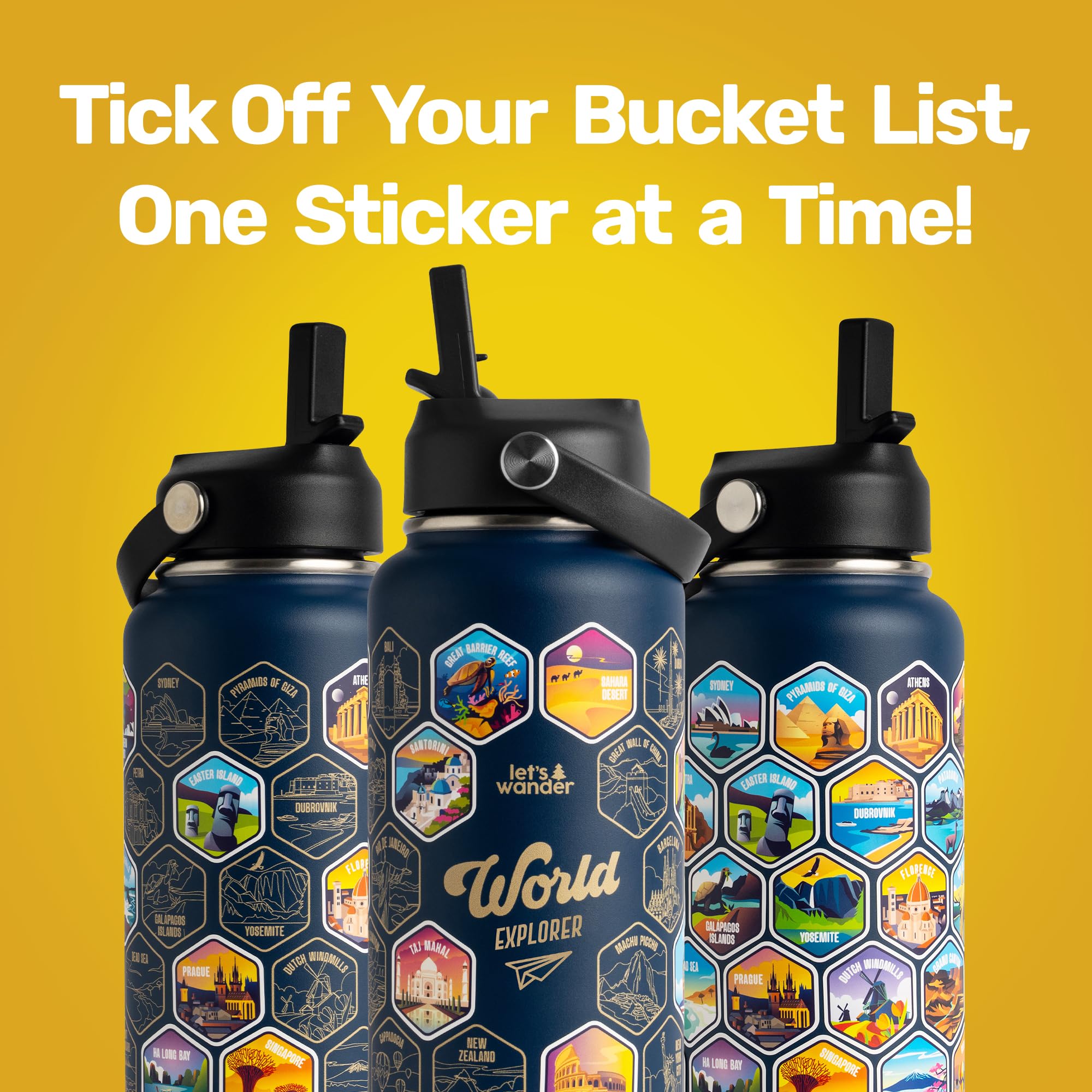 LET'S WANDER bottle with permanently engraved designs.