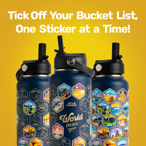 LET'S WANDER bottle with permanently engraved designs.