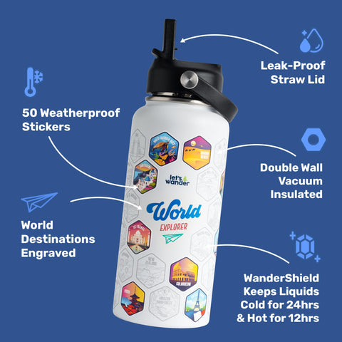 LET'S WANDER stainless-steel 32oz insulated bottle ready for cold or hot days.
