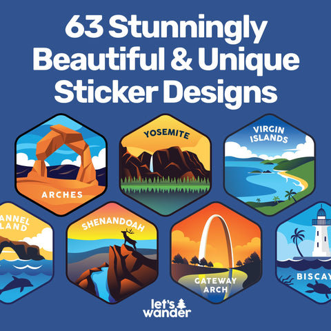 LET'S WANDER bottle with 63-sticker set highlighting park designs.