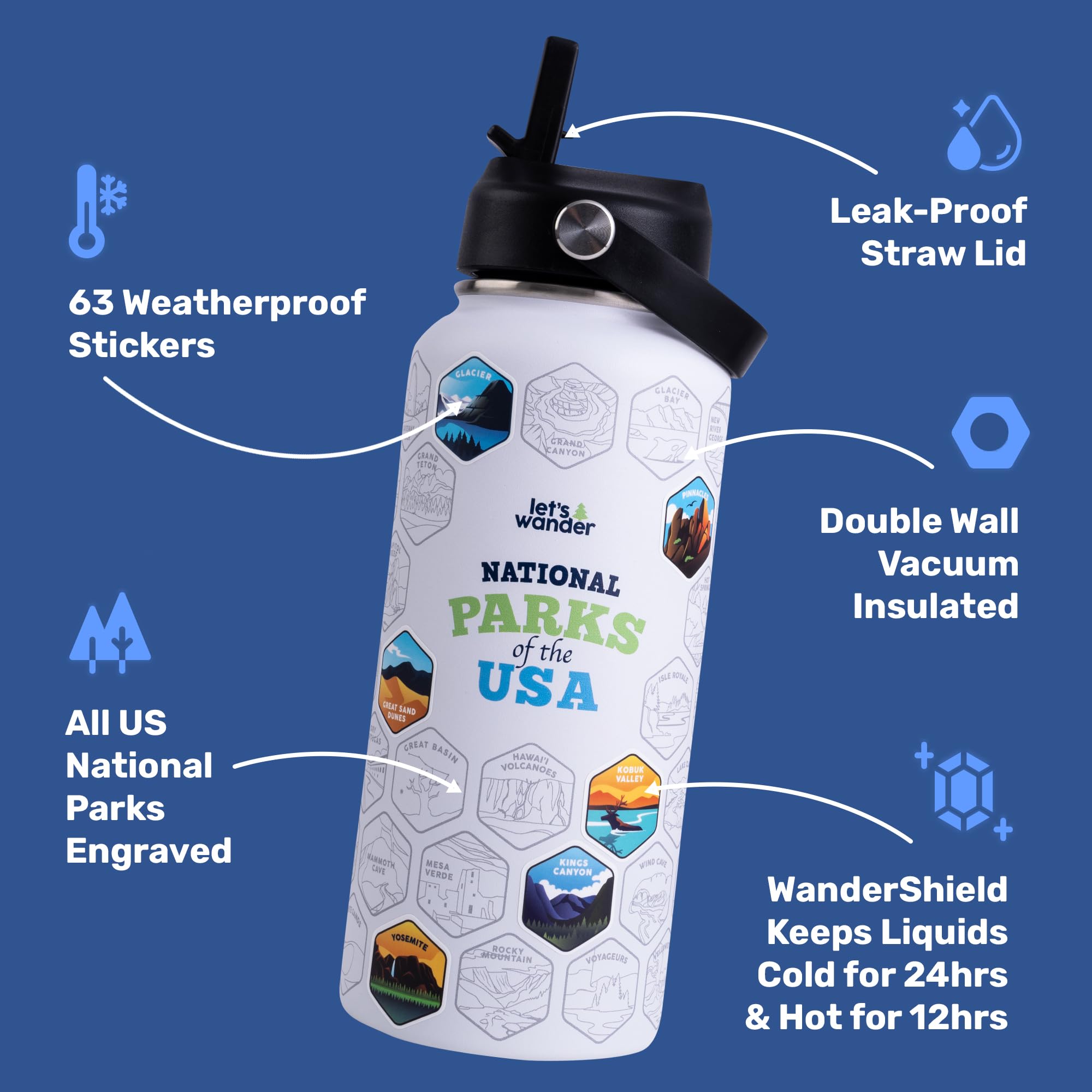 LET'S WANDER bottle engraving displaying all 63 park motifs.