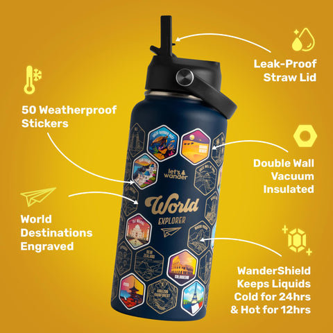 LET'S WANDER weatherproof stickers on bottle resist water and tears.