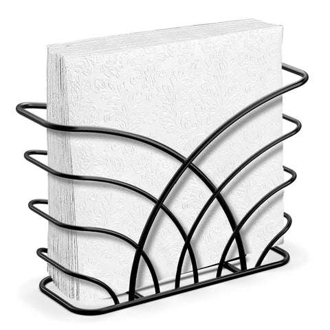 LEVIMETREE napkin holder on table with black iron finish, upright for tidy napkin stacks