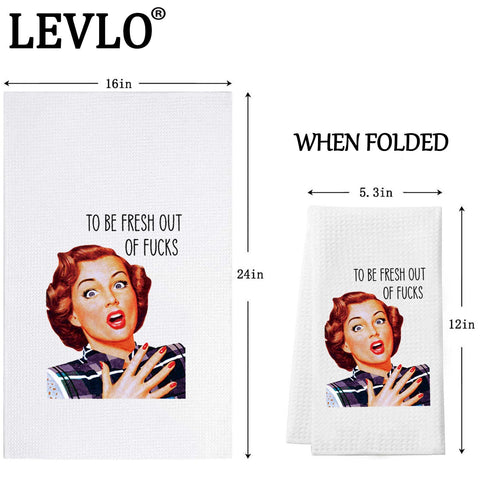 LEVLO Oh My I Seem to Be Fresh Out of Fucks tea towel front view highlights vibrant print.