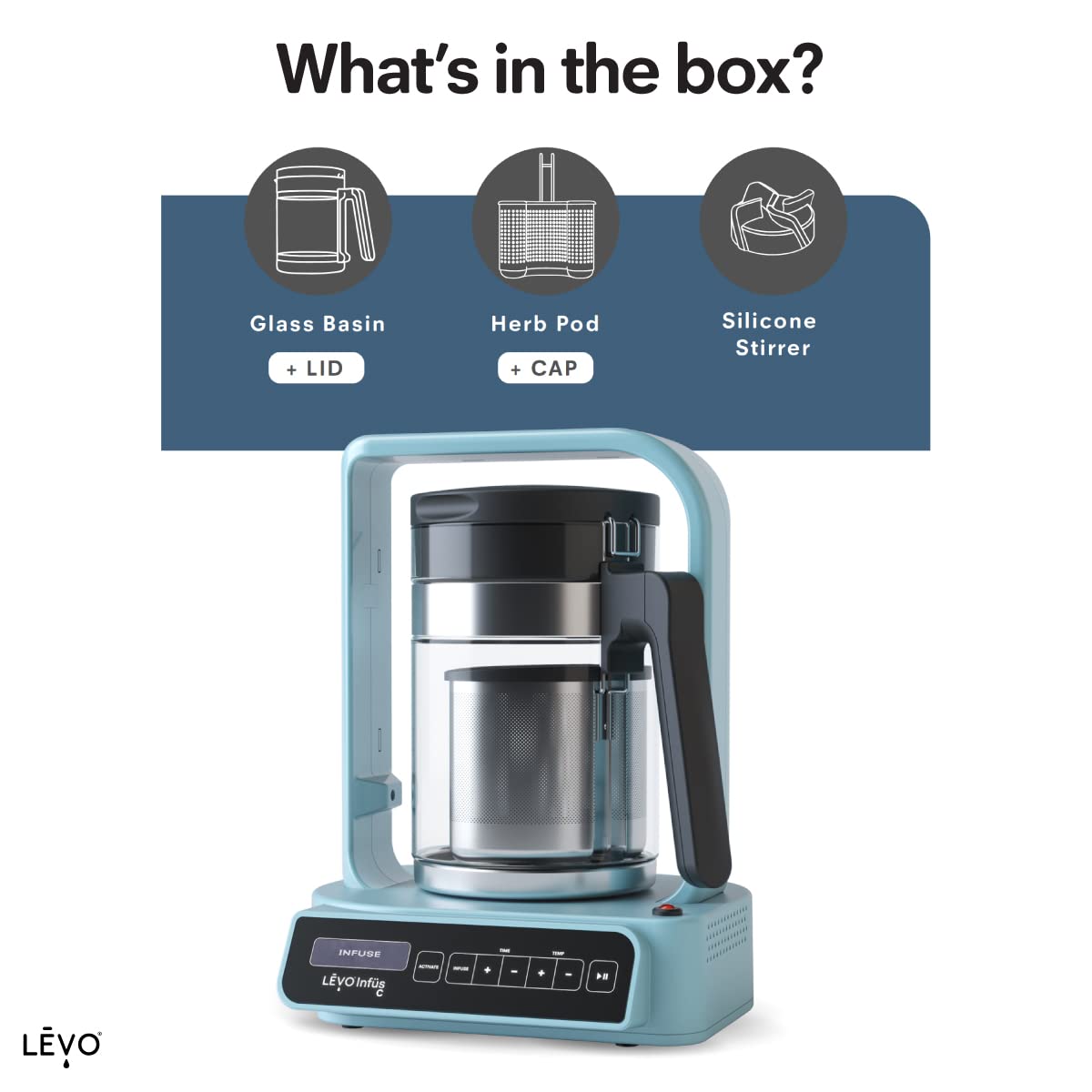 LEVO C jumbo pod and glass carafe demonstrate capacity for up to 1 liter of infusion.