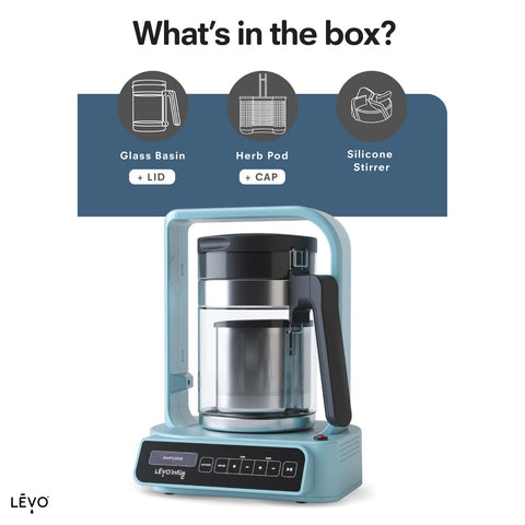LEVO C jumbo pod and glass carafe demonstrate capacity for up to 1 liter of infusion.