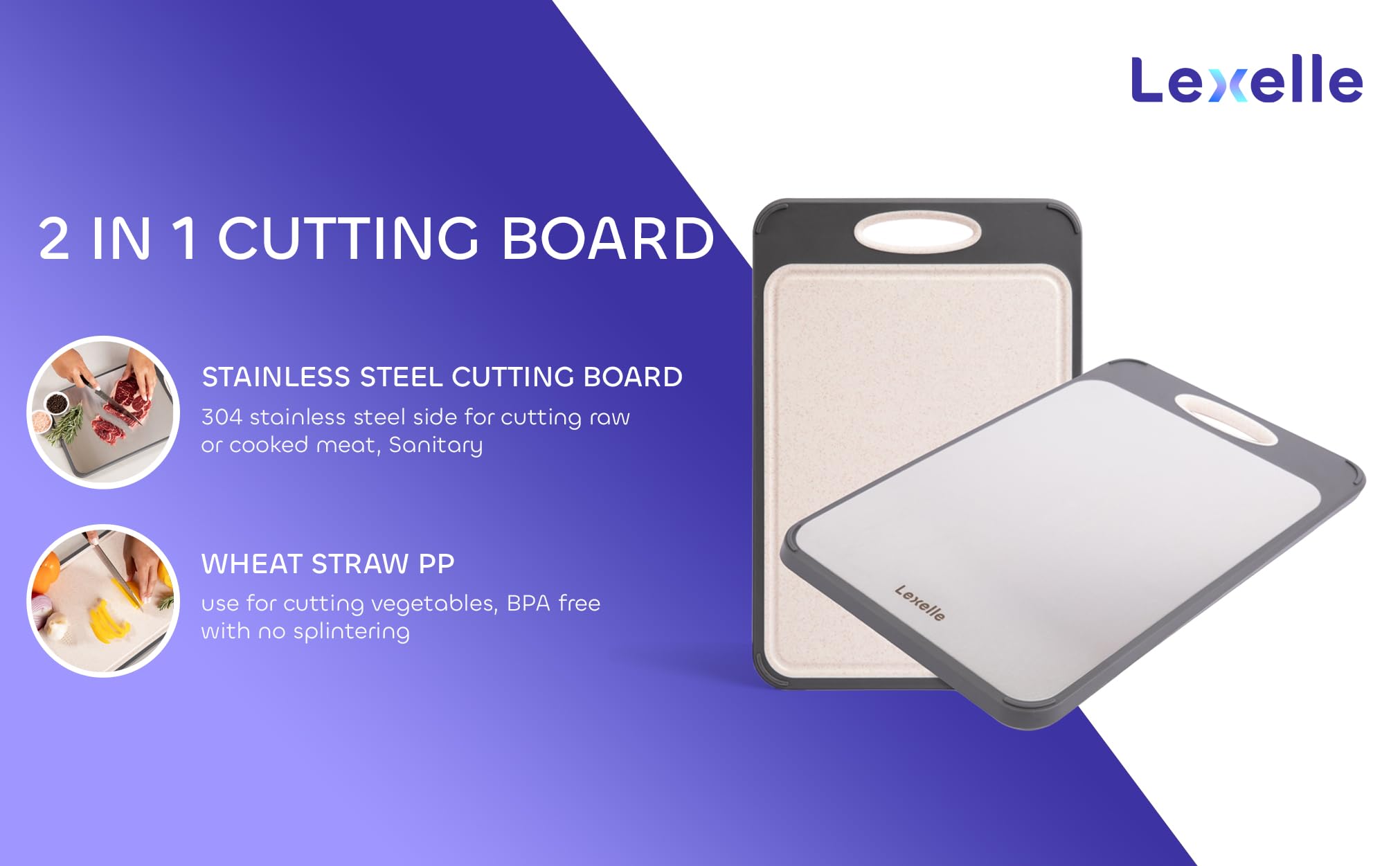 Lexelle cutting board with juice groove close-up showing counter-mess prevention