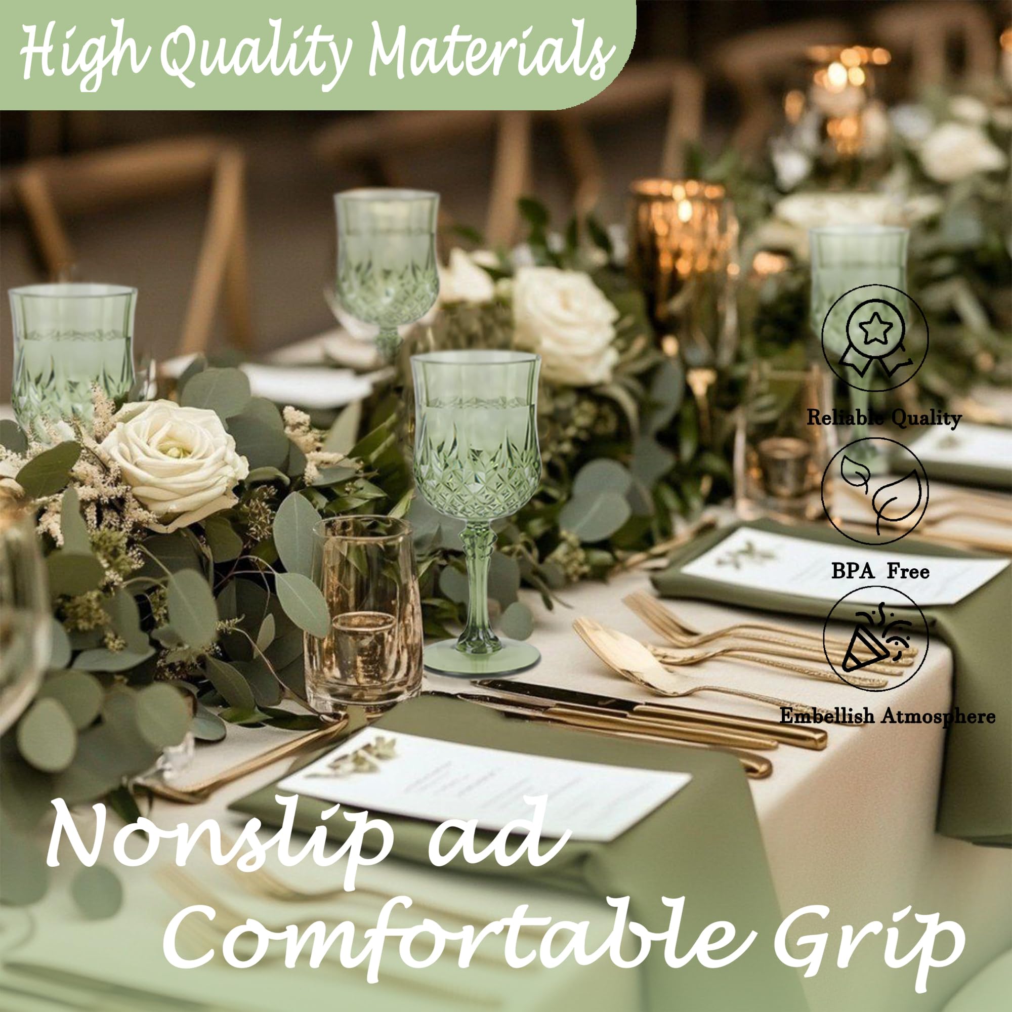 LEYIQU green plastic wine glasses on table ideal for wedding receptions and everyday use.