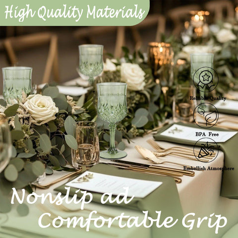 LEYIQU green plastic wine glasses on table ideal for wedding receptions and everyday use.