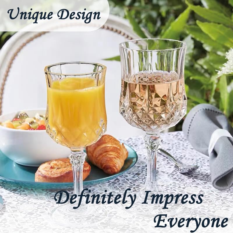 LEYIQU plastic wine glass measures 6.7 inches tall by 2.8 inches wide, 7 oz capacity.