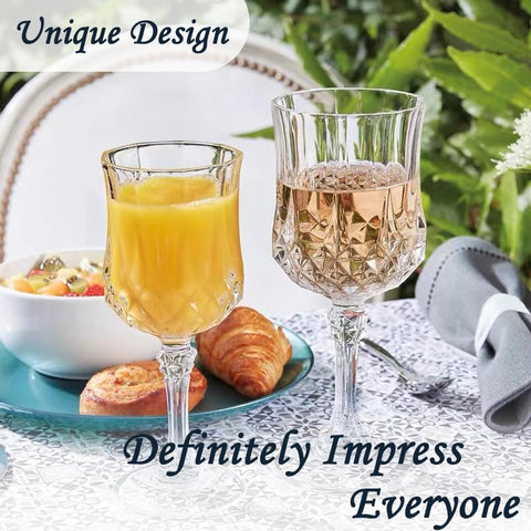 LEYIQU plastic wine glass measures 6.7 inches tall by 2.8 inches wide, 7 oz capacity.