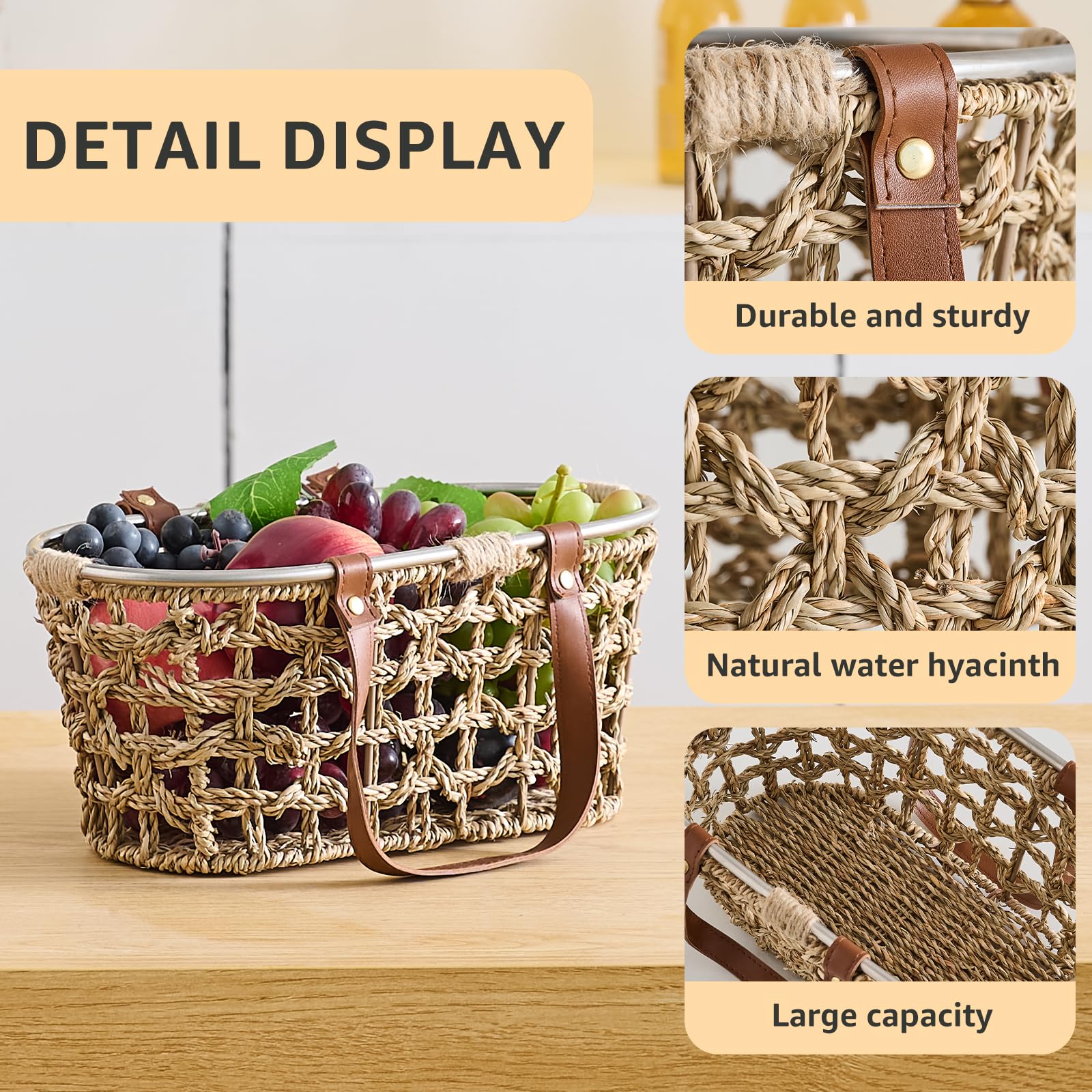 LGENHOOM seagrass egg basket with leather handle for comfortable carrying