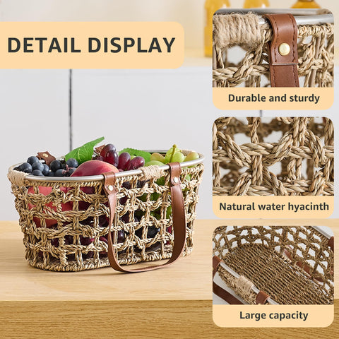 LGENHOOM seagrass egg basket with leather handle for comfortable carrying