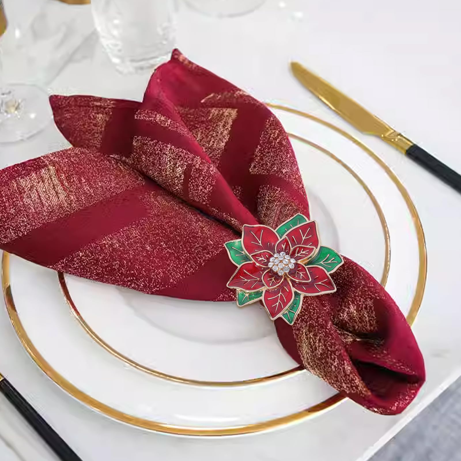 LGJkYF wedding table setup with poinsettia rings adds festive glow